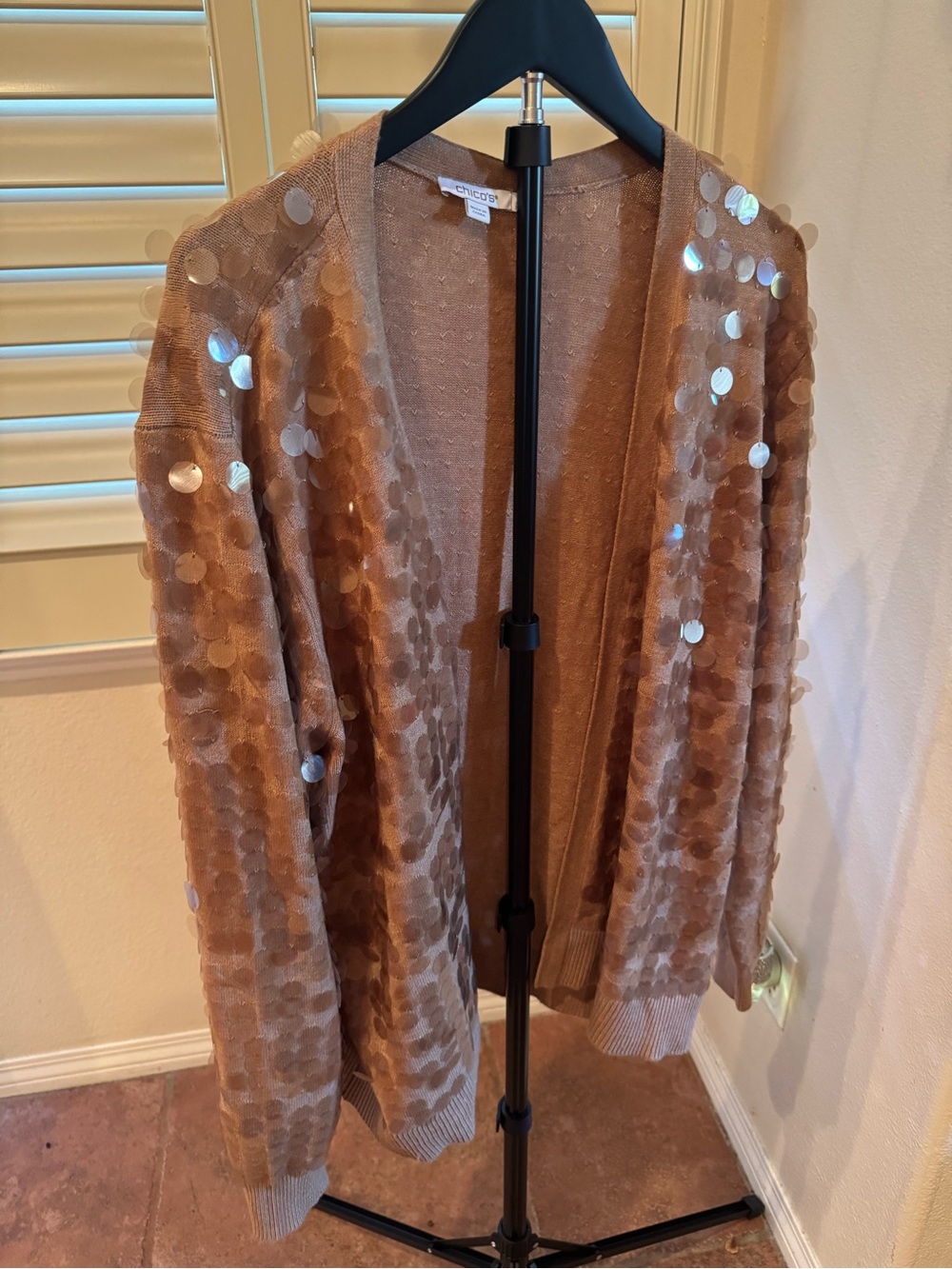 Chico's Tan Sequin Dot Open-Front Cardigan